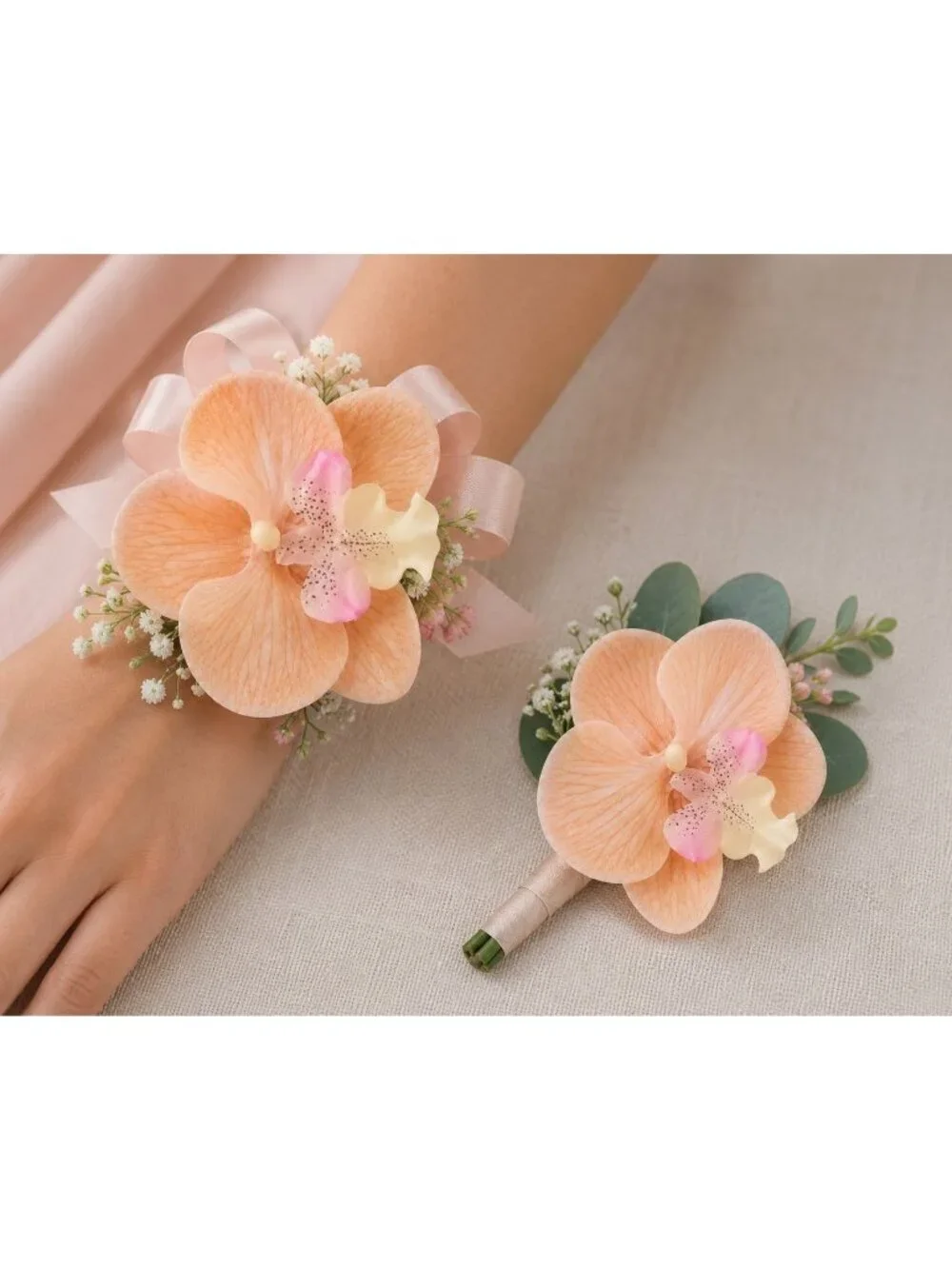 Peach Champagne Real Touch Orchid Heads Set of 2, 3.5 Inch Phalaenopsis Blooms f
